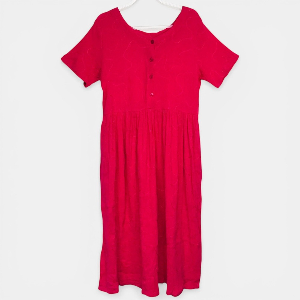 Collections Etc Womens L Pink Cotton Crinkle Embroidered Button Front Midi Dress